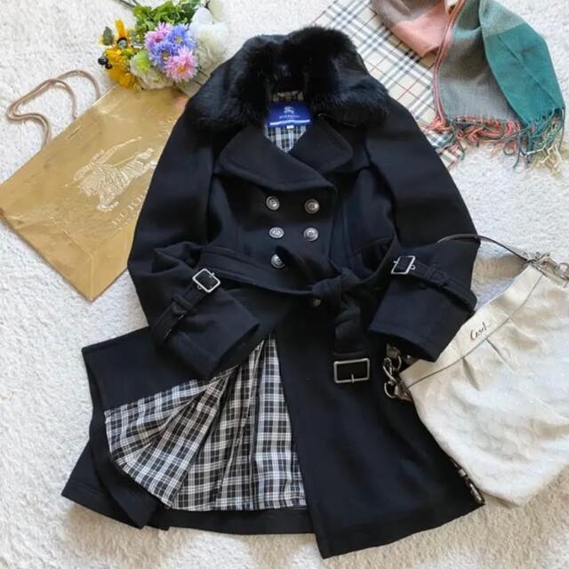 ★ノバチェック♪【美品】バーバリーブルーレーベル★ファー付 ウール コート 36