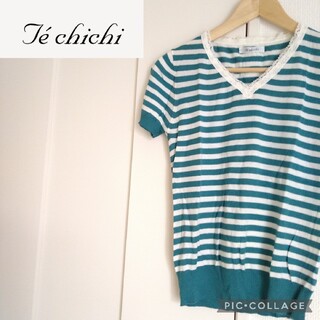 テチチ(Techichi)の【 Techichi 】ボーダーＶネックレース半袖コットンニット(Tシャツ(半袖/袖なし))