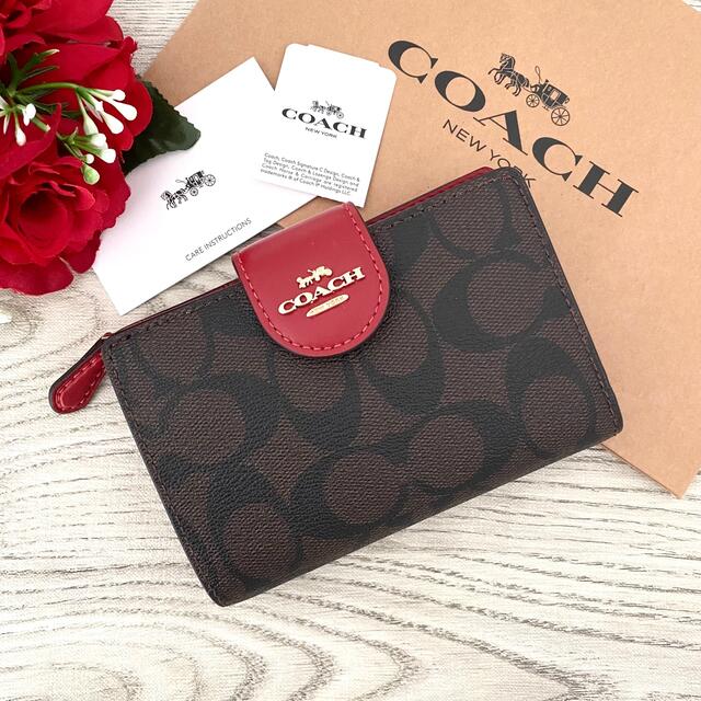 新品☆COACH(コーチ)レッド ブラウン シグネチャー レザー 折り財布