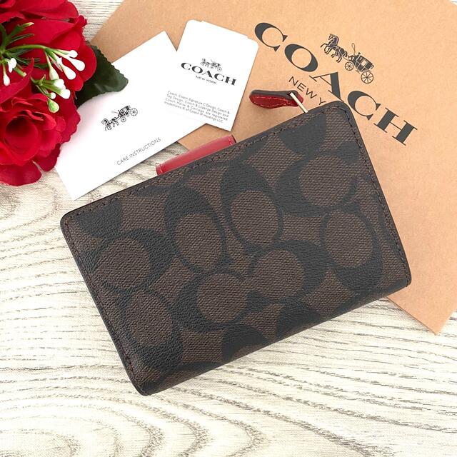 《新品》COACH レッド ブラウン シグネチャー レザー 折り財布