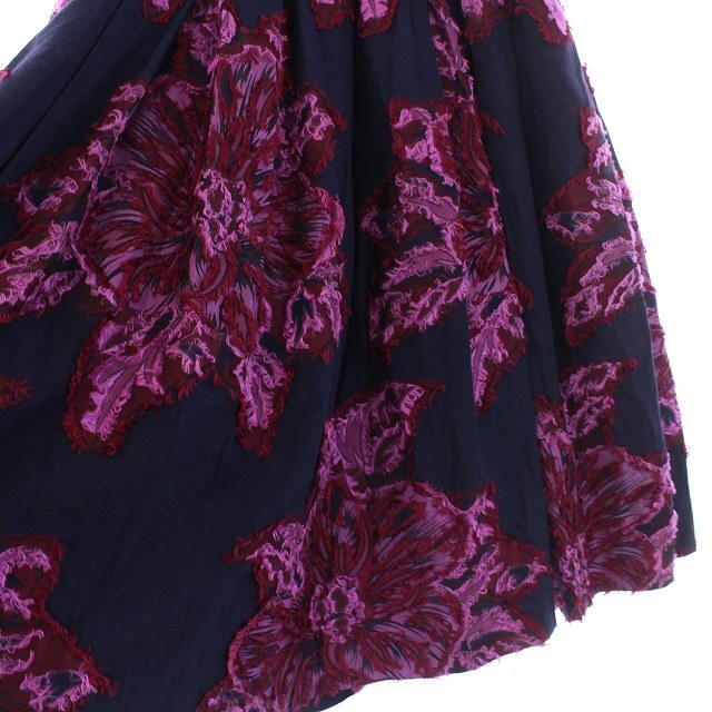 イエナ LA BOUCLE フレア ロングスカート 花柄 刺繍 36 紺 ピンク