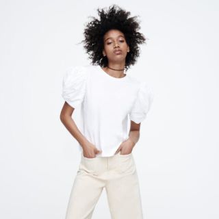 ザラ(ZARA)のZARA バルーンスリーブ Tシャツ　ホワイト　M(Tシャツ/カットソー(半袖/袖なし))