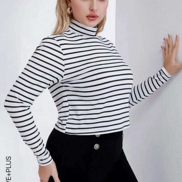 SHEIN モックネック ボーダーカットソー レディースのトップス(カットソー(長袖/七分))の商品写真