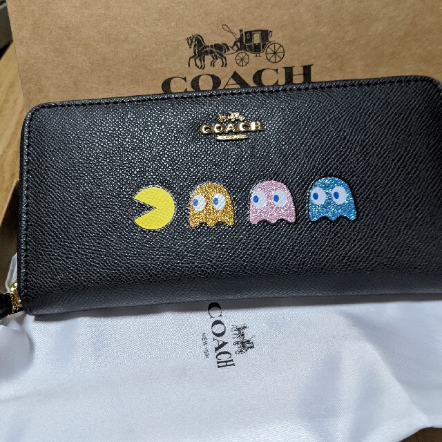 COACH 財布 コーチ 長財布 パックマンコラボ黒 フューシャレザーメンズ財布