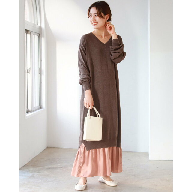 【MOCHA/L.BRN】B:MING by BEAMS / 裾フレア コンビワンピース 21AW