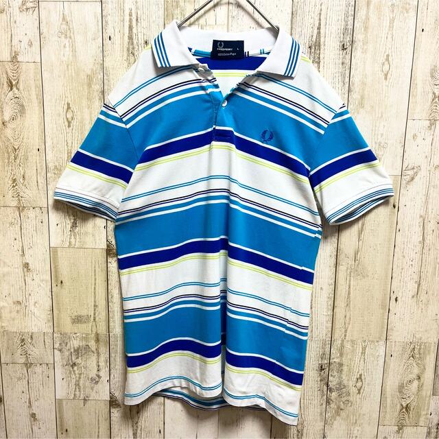 FRED PERRY(フレッドペリー)の【美品】フレッドペリー 半袖ポロシャツ ボーダー 好配色 夏色 刺繍 L メンズのトップス(ポロシャツ)の商品写真