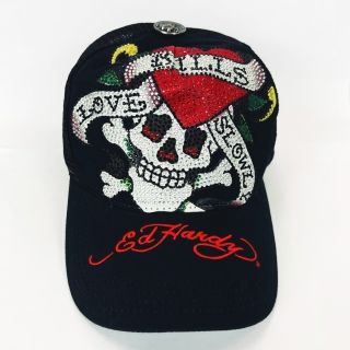 エドハーディー(Ed Hardy)のEd Hardy スカル プリント ライトストーン装飾 メッシュ キャップ  黒(その他)