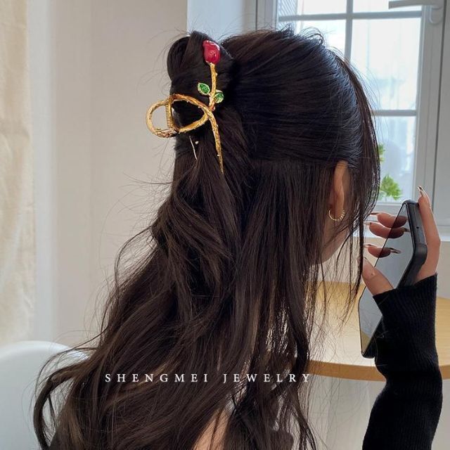 カラー 薔薇 ヘアクリップ バンズクリップ 髪留めバレッタ ローズ バラ