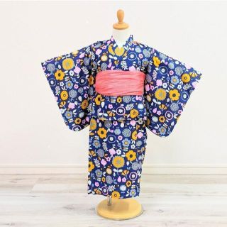 キッズ 子供 浴衣 ワンピース 紺 帯付き 100cm 5w-4(浴衣)