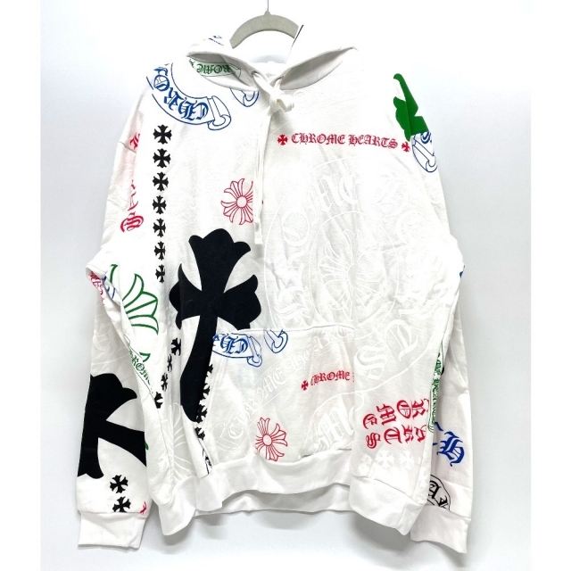 クロムハーツ CHROME HEARTS クロス プラス ロゴ STENCIL HOODIE スウェット プルオーバー パーカー コットン ホワイト×マルチカラー 未使用