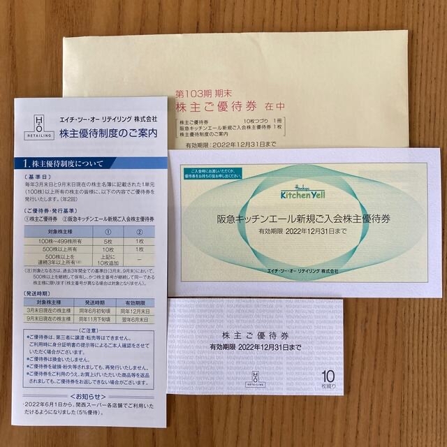 H2Oリテイリング株主優待 10枚綴り＆阪急キッチンエール新規入会株主