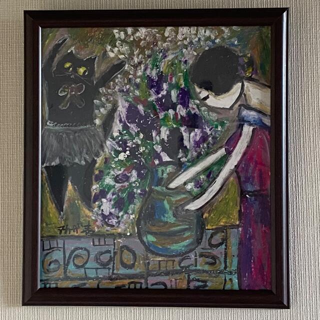 絵画 。壁掛け絵原画手描き【部屋の中で花瓶を片付ける少女とバレエを