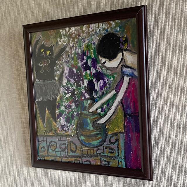 絵画 。壁掛け絵原画手描き【部屋の中で花瓶を片付ける少女とバレエを