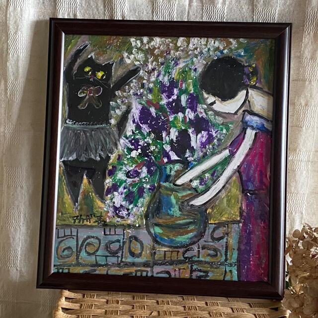 絵画 。壁掛け絵原画手描き【部屋の中で花瓶を片付ける少女とバレエを