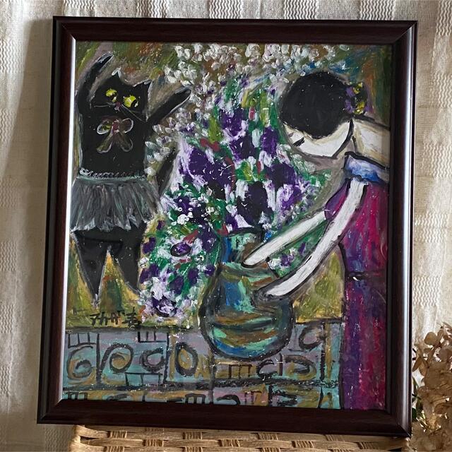 絵画 。壁掛け絵原画手描き【部屋の中で花瓶を片付ける少女とバレエを
