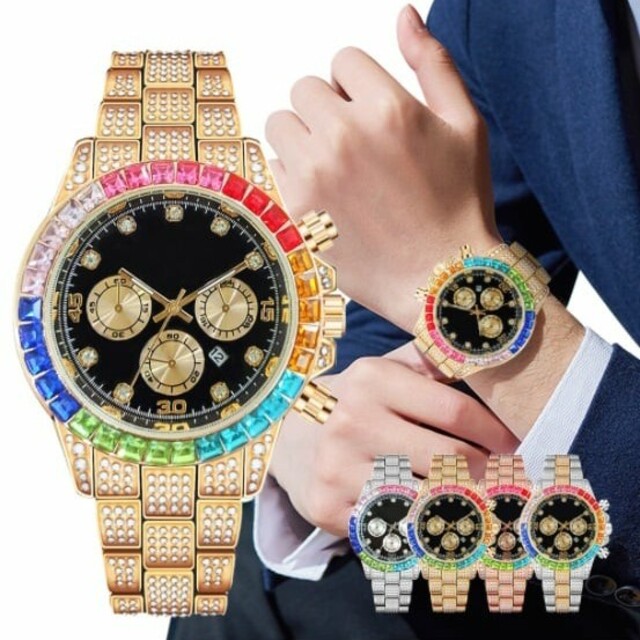 新品 ジュエリーウォッチ ラグジュアリー 腕時計 CZレインボーダイヤ ゴールド メンズの時計(腕時計(アナログ))の商品写真