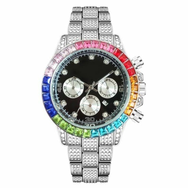 新品 ジュエリーウォッチ ラグジュアリー 腕時計 CZレインボーダイヤ シルバー メンズの時計(腕時計(アナログ))の商品写真
