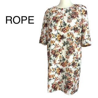 ロペ(ROPE’)の美品　ロペ　五分袖　花柄ワンピース　M ～L相当　ひざ丈　ポリエステル　白黄緑(ひざ丈ワンピース)