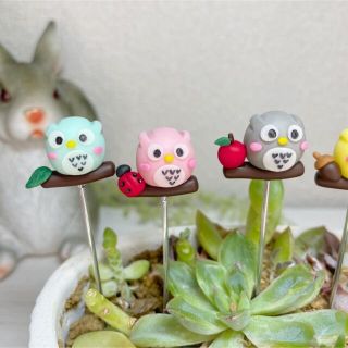 ハンドメイド　ガーデンピック　枝にとまった福を呼ぶフクロウさんピック　多肉植物