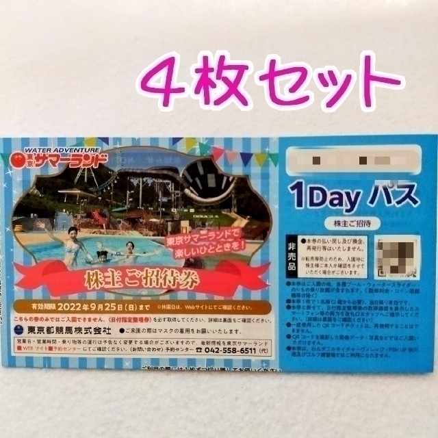 4枚セット】東京サマーランド 株主優待 1Dayパス ご招待券 激安価格の