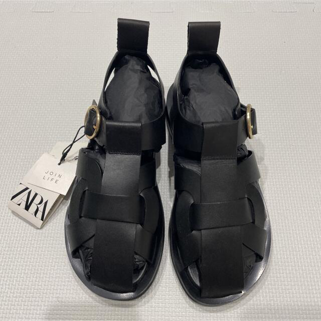 匿名配送》【ZARA】フラットレザー ケージサンダル 36 黒 匿名配送》【ZARA】フラットレザー ケージサンダル 36 黒