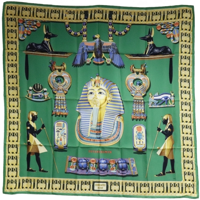 ファッション小物【HERMES】エルメス カレ90 TUTANKHAMUN/ツタンカーメン シルク 緑 レディース スカーフ