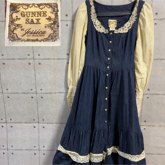 希少]GUNNE SAX 70年代 デニムワンピース ドレス 青系 - ロング