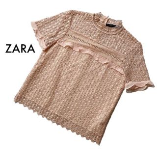 ザラ(ZARA)のザラウーマン 総柄レース ブラウス L レトロフリルトップス リボン 夏 ピンク(シャツ/ブラウス(半袖/袖なし))