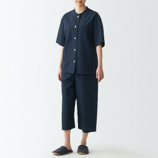 ムジルシリョウヒン(MUJI (無印良品))の◆新品◆ 無印良品 脇に縫い目のないサッカー織り半袖パジャマ／ダークネイビー／Ｌ(パジャマ)