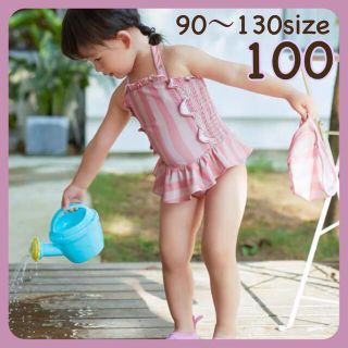 ✿ 水着 ✿ ワンピース ストライプ 女の子 ピンク 可愛い キッズ 100(水着)