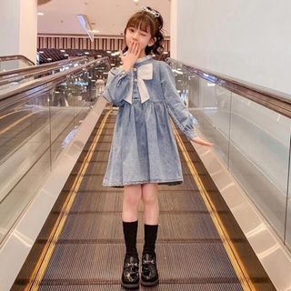 KWFA008キッズ 子供服 デニムワンピース 女の子 春秋 ゆったり 可愛い(ワンピース)