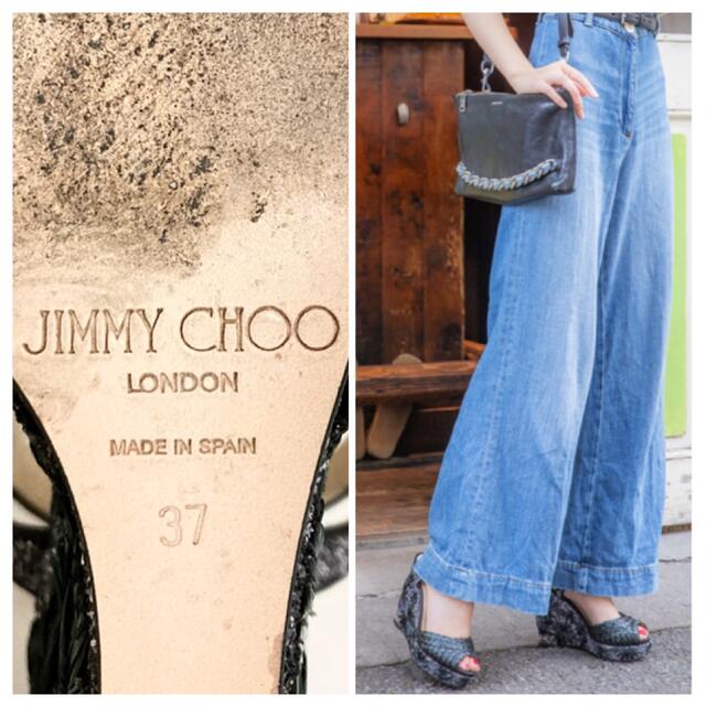 JIMMY CHOO(ジミーチュウ)の【美品】Jimmy Choo「PERLA 120」グリッター刺繍ウェッジサンダル レディースの靴/シューズ(サンダル)の商品写真
