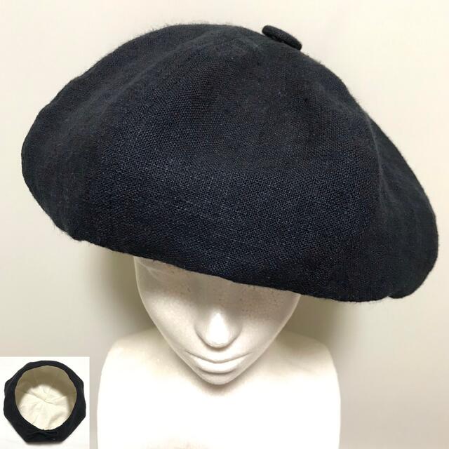 黒 リネン 麻 ベレー帽 ハンドメイド サイズ調節 メンズの帽子(ハンチング/ベレー帽)の商品写真