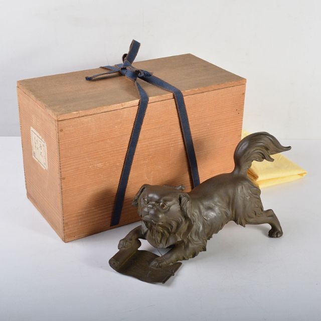 古銅青銅　盛光作　巻物持　唐犬　獅子　置物　時代箱付　L　R4638B