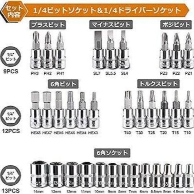 ソケットレンチセット アダプター ビット 六角 46点セット 工具 ラチェット 自動車/バイクの自動車(メンテナンス用品)の商品写真