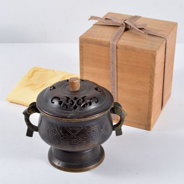 数量は多】 中国 古銅 象嵌神獣文 香炉 透かし唐木蓋 合せ箱 H R4659