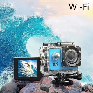WiFi 防水 スポーツカメラ アクションカメラ 4kドライブレコーダー　ブルー(ビデオカメラ)