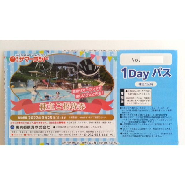 東京サマーランド 1Dayパス 4枚セット 2022年9月25日まで 株主優待