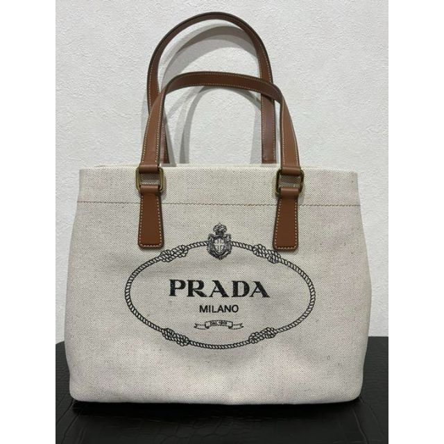 新着商品 美品 - PRADA プラダ ベージュ レザー リネン トートバッグ