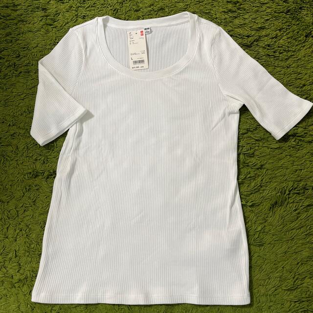 UNIQLO(ユニクロ)のユニクロUネックTシャツ白Lサイズ レディースのトップス(Tシャツ(半袖/袖なし))の商品写真