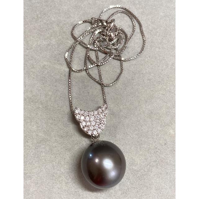Pt900 14.6mm 大粒の黒蝶パール ダイヤモンド ネックレストップ