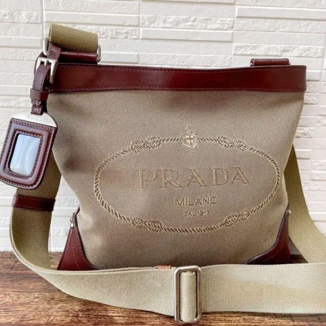 PRADA プラダ ジャガード×レザー ショルダー バッグ ビッグ ロゴ 茶色