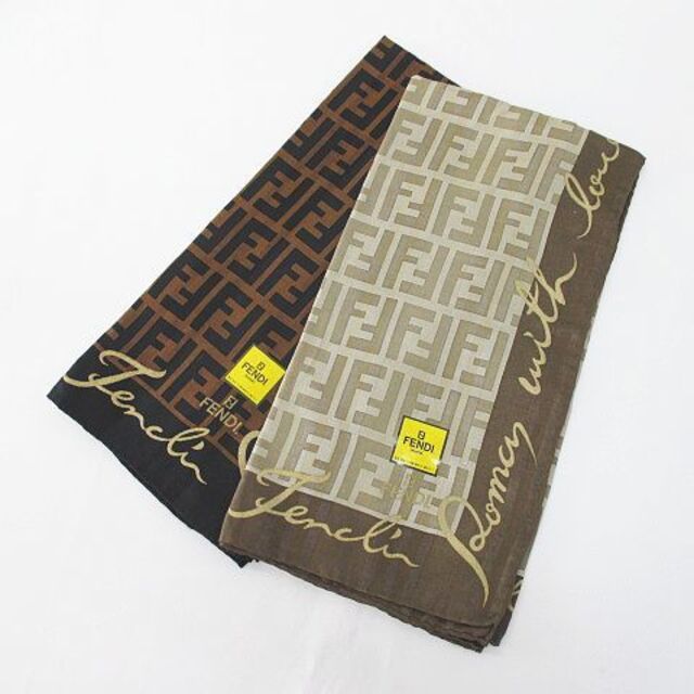 フェンディ FENDI 2枚セット ハンカチ ハンカチーフ スカーフ 絹 茶 綿