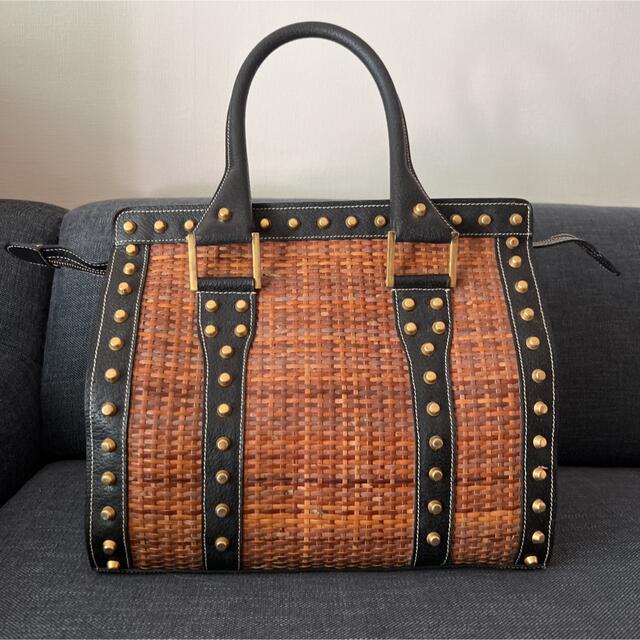 フェンディ FENDI ラフィア ハンドバッグ スタッズ ミニボストンバッグ-