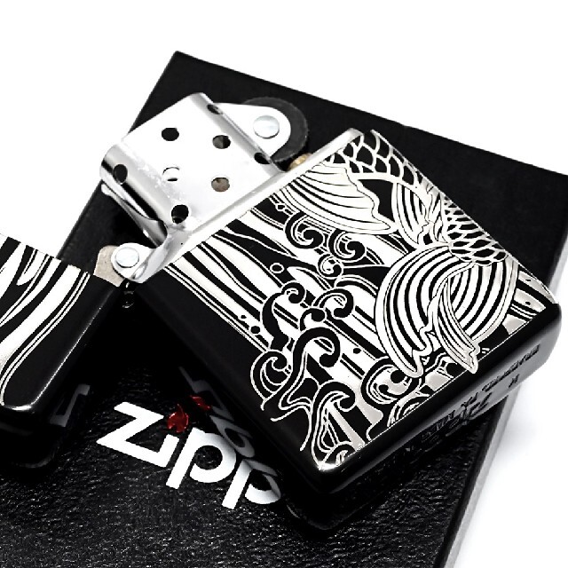新品 ZIPPO アーマー昇鯉 ２面彫り ブラック＆シルバー ジッポ ライター