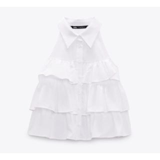 ザラ(ZARA)の新品✨ポプリンフリルノースリーブシャツ(シャツ/ブラウス(半袖/袖なし))