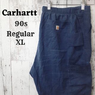 カーハート(carhartt)の希少90sカーハートペインターパンツボトムス革ロゴネイビーワーク古着(ペインターパンツ)