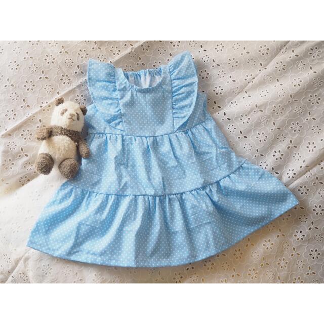 ハンドメイド　フリルティアードワンピース　水色　水玉 キッズ/ベビー/マタニティのキッズ服女の子用(90cm~)(ワンピース)の商品写真