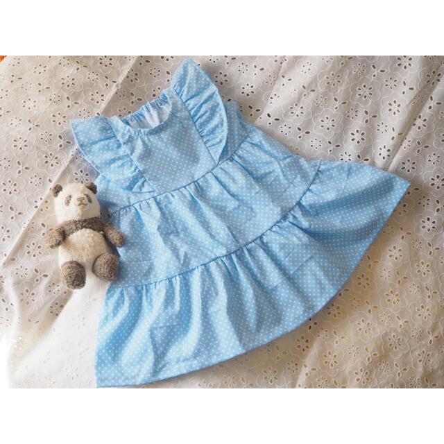 ハンドメイド　フリルティアードワンピース　水色　水玉 キッズ/ベビー/マタニティのキッズ服女の子用(90cm~)(ワンピース)の商品写真