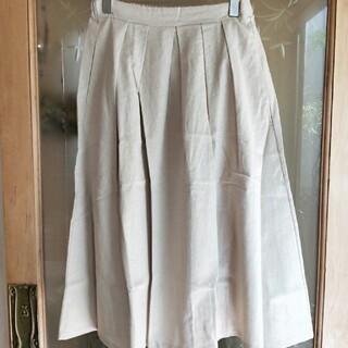 コットンリネンフレアスカート　日本製　ベージュ(ひざ丈スカート)